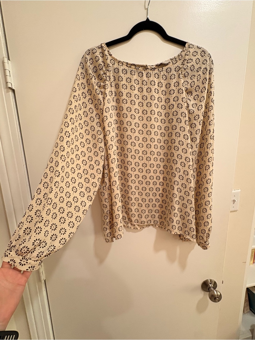 LOFT Cream Blouse with Black Floral Eyelet Print